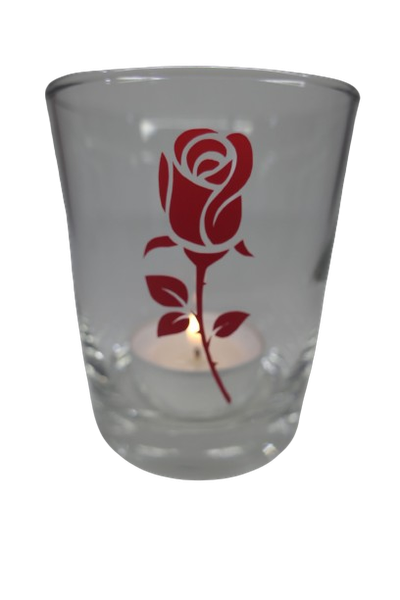 "Deko Teelicht Glas Windlicht Print \"Rose Geschlossen\" Rot Teelichthalter Handmad"-image