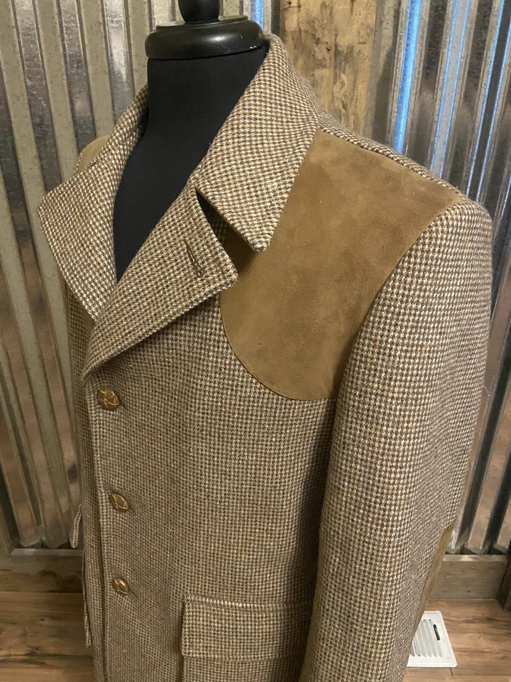 Vtg Grais Quality Sportswear Tweed Overcoat Jacket Mens 40 Leather Patches - Image 2 of 4