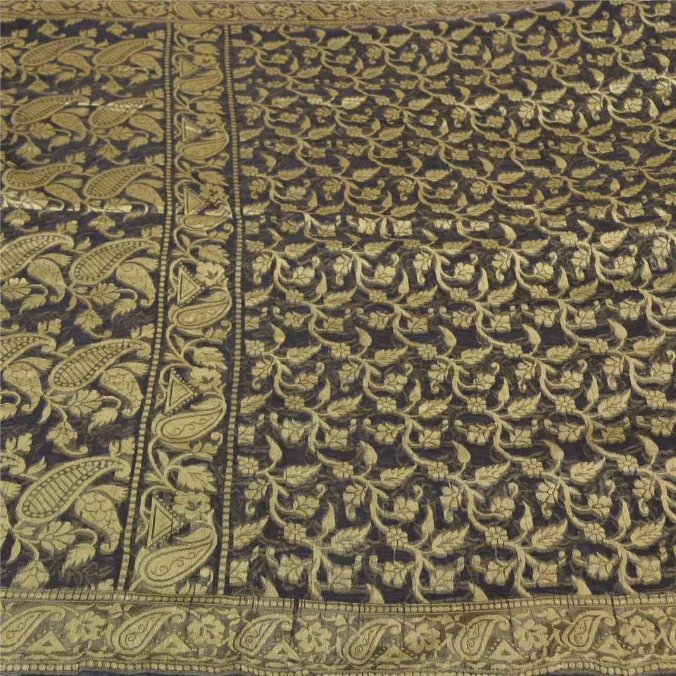 Tecido para artesanato Sari premium tecido de seda mistura Sarees indiano preto vintage sânscrito - Imagem 2 de 4