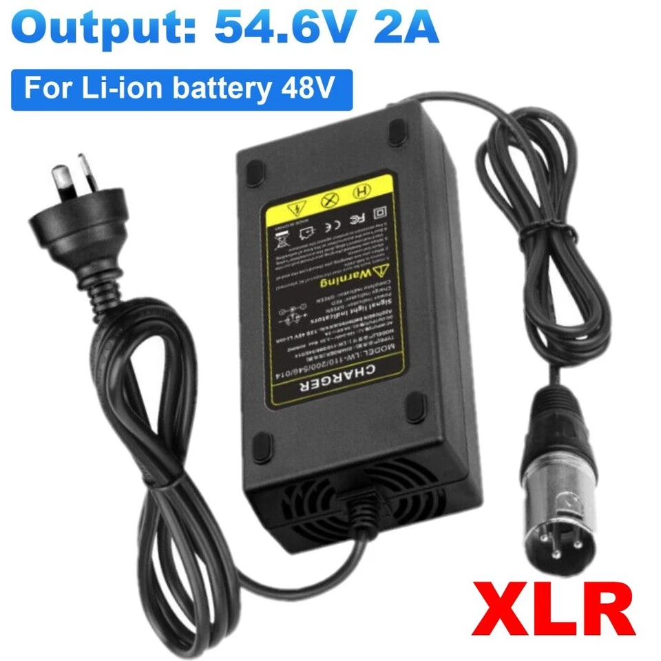 Electric Bike Ebike 48V Li-ion Lithium Battery Charger 3 pin XLR Plug 54.6V 2A