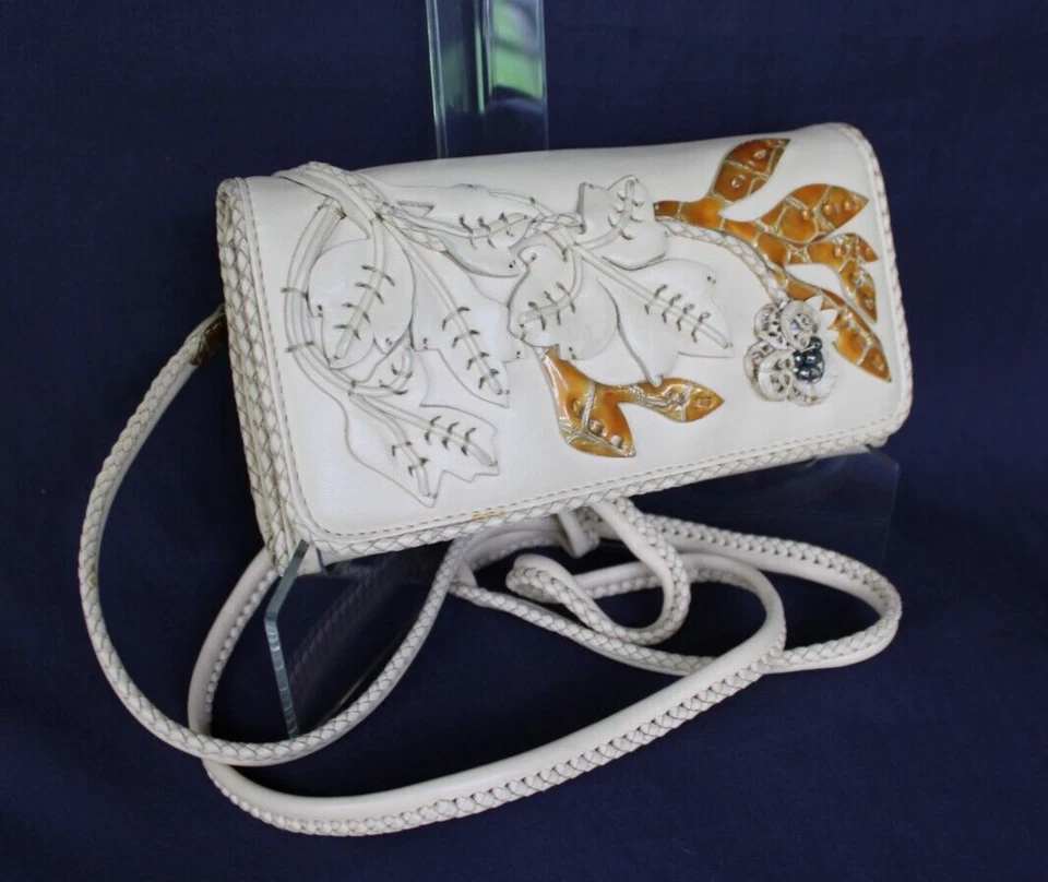 Brighton leather applique beaded leaf crossbody pause wallet cream braided $279 - Image 3 of 4