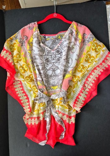 Jennifer Lopez Tunika Top Gr. M transparente Bluse/Poncho Boho Print lachs & gelb