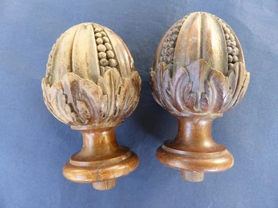 2 Embouts tringle rideau pignes boules bois Sculpté Déco ancien Ht 11,5 cm - Photo 1/4