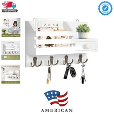Stylish Key Holder with Drawer & 8 Hooks - Space-Saving Wall Mount Solution