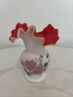 Kanawha / Fenton Glass Vase Hand Painted Flowers Ruffled Top Cadmium Red Vintage