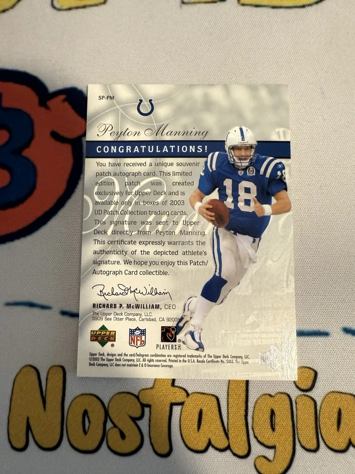 2003 Upper Deck UD Patch Collection - Signature Patches Peyton Manning #SP-PM... - Image 2 of 2