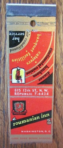 ROUMANIAN RESTAURANT STREICHHOLZSCHACHTEL MATCHCOVER: ROUMANIAN INN (WASHINGTON, DC) -E8