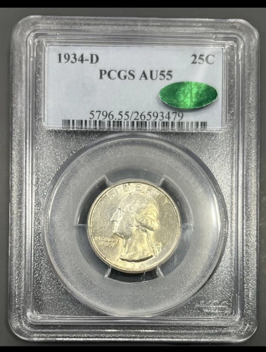 1934-D NGC AU55CAC Washington Silver Quarter 25c - Circulated Old Blue Holder