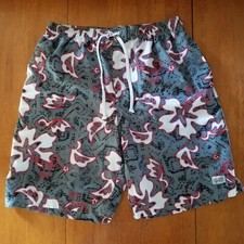 VTG OP Ocean Pacific Mens Swimsuit Gray White Hibiscus Tie Elastic Waist Sz XL