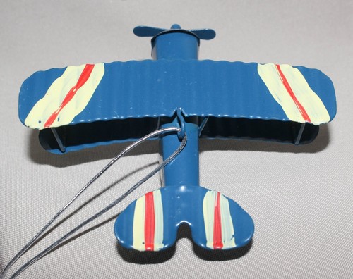 Vintage Metal Biplane Airplane Christmas Ornament Blue Hand Painted 3 ½” x 4” - Picture 8 of 11