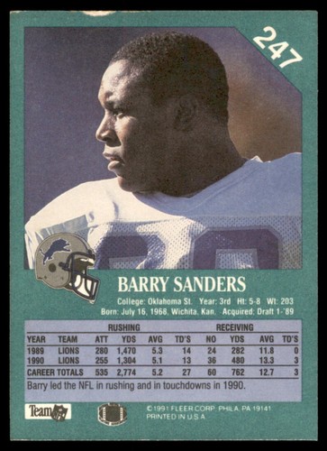 1991 FLEER BARRY SANDERS DETROIT LIONS #247 - Picture 2 of 2