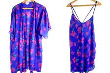 Vintage Barbizon Peignoir Nightgown  Robe Set Large Blue Floral Chiffon Bridal