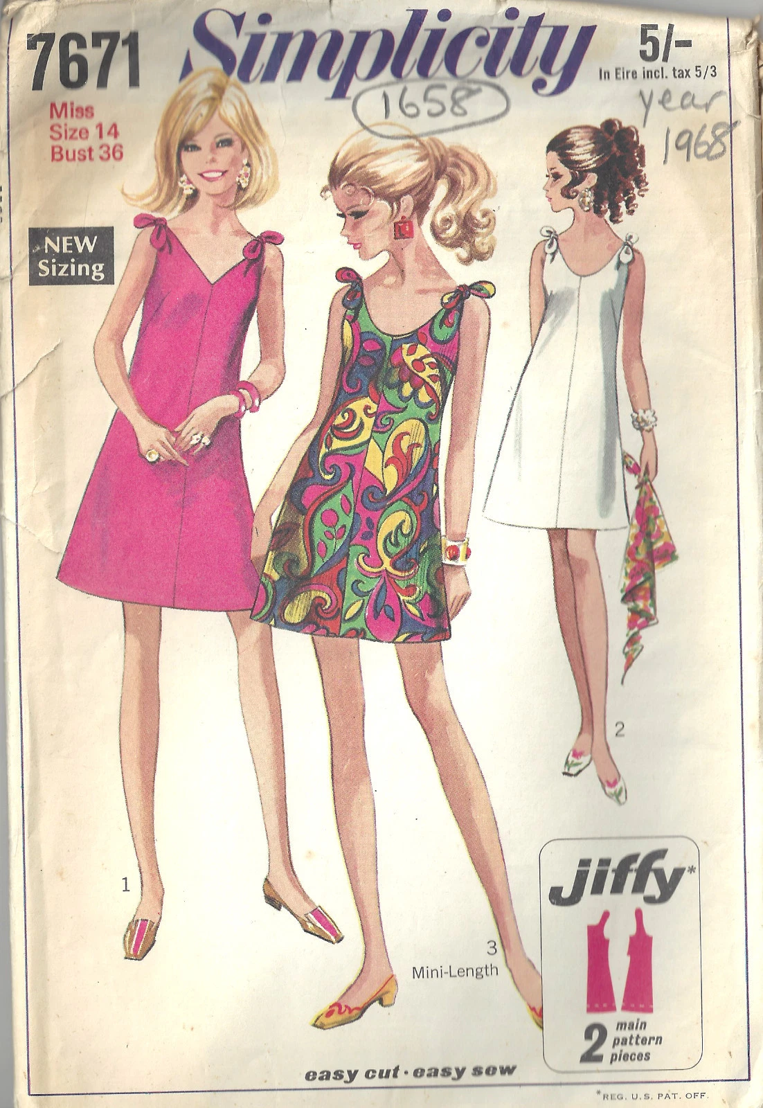 1968 Vintage Sewing Pattern B36" DRESS (1658)