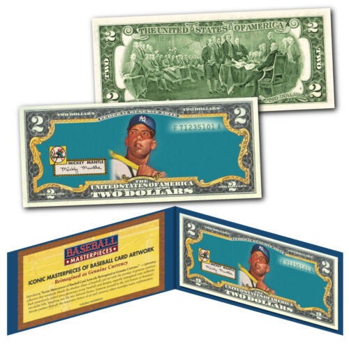 MICKEY MANTLE 1952 #311 Rookie Yankees iconic Card Art Genuine US $2 Bill - Picture 3 of 3