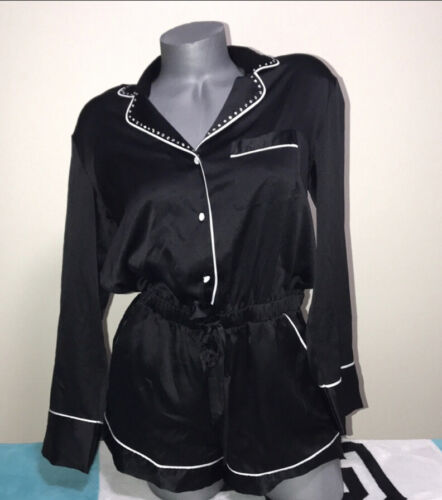 Victoria's Secret Very Sexy Black Satin Sleep Embellished Romper NWT Size Large - Picture 4 of 8