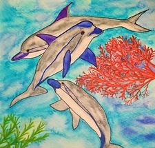 Original Dolphin Watercolor Painting – 8"x8" Marine Animal Art Underwater World
