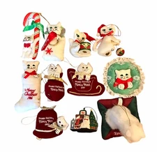 VTG Fancy Feast Christmas Ornament Lot Of 11 80’s 90’s White Cats Green Eyes