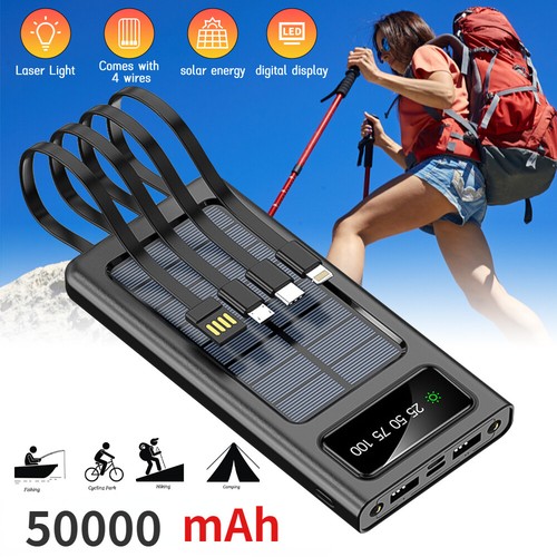 2024 Super 50000mAh 4 USB Portable Charger Solar Power Bank For Cell Phone Black - Afbeelding 1 van 10