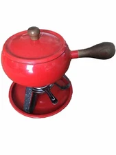 Vintage Fondue Pot Set Red Enamel 1960's Metal Stand, Burner, Tray MCM Retro