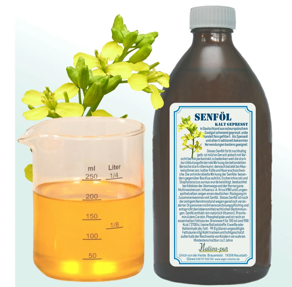 NATIVA PURE Senföl 500 ml Apothekerflasche kalt gepresst, lebensmittelrein