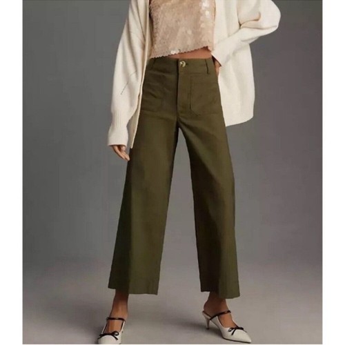 NWT Anthropologie The Colette Cropped Wide Leg Pants Linen Green 24P Petite