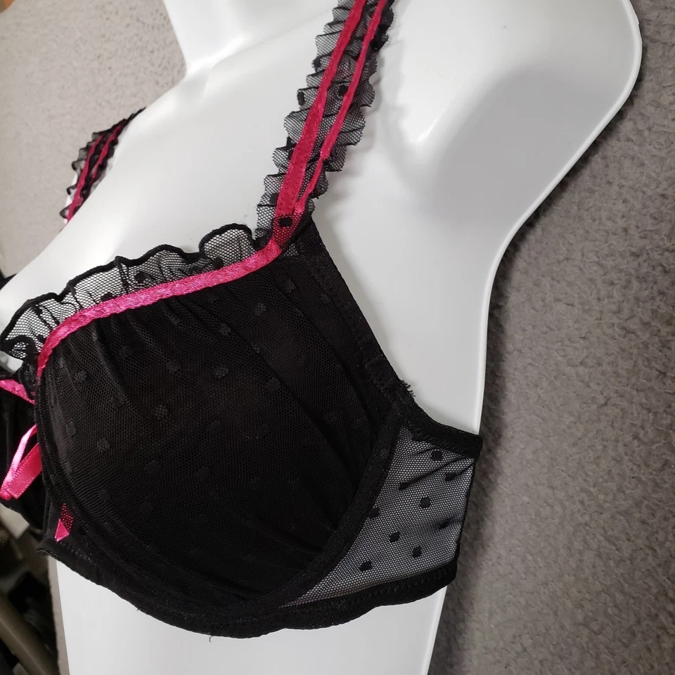 Бюстгальтер Rampage Intimates 36C черный кружевной в горошек балконет пуш-ап с оборками розовый бант - Изображение 4 из 4