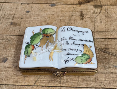 Limoges French Porcelain Champagne Wine Book Peint Main Trinket Box