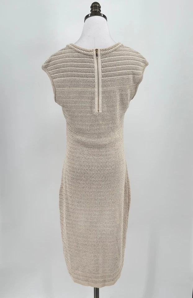 Vestido Vaina Escada Tostado Metálico Mezcla de Lino Crochet Abierto Sin Mangas Talla M Foto 3 de 4