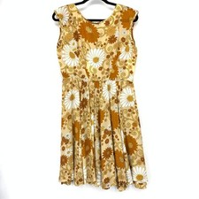 Vintage 60s Floral Print Fit & Flare Dress Womens Apx Sz M Brown Yellow *FLAWS