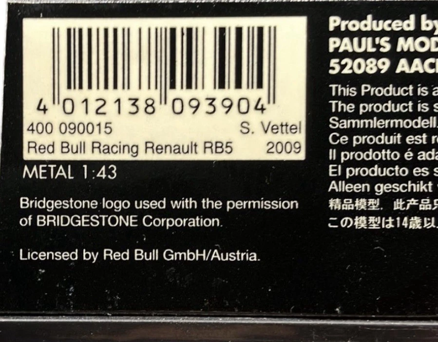Minichamps 1/43 Red Bull Racing RB5 Sebastian Vettel 2009 400090015 - Image 4 of 4