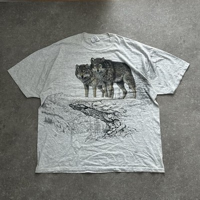 Vintage Wolf Duo Graphic T-Shirt Herren 2XL Grau Mountain Print 90s Animal Tee