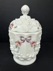 Vintage Westmoreland Candy Dish w/ Lid Milk Glass Paneled Grape Roses & Bows A2