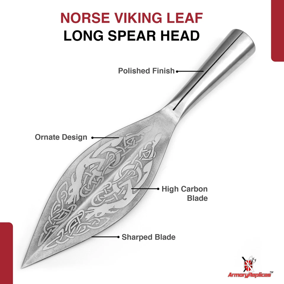 Hoja Vikinga Nórdica Cabeza de Lanza Larga Acero Alto Carbono, Grabado Láser + Funda Gratis Foto 3 de 4