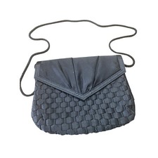 Vintage Black Satin Woven Evening Bag Envelope Clutch Crossbody Formal Wedding