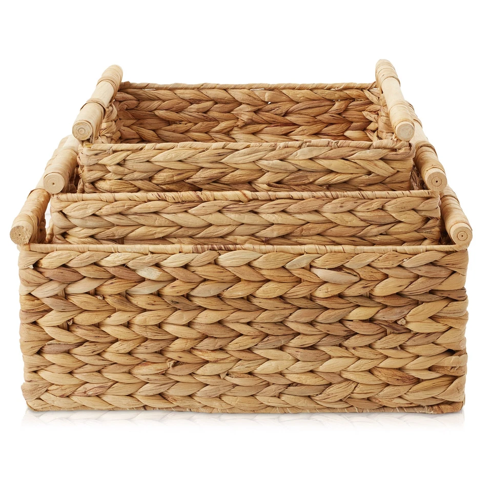 3-Piece Hyacinth Rectangular Storage Basket Set w/ Wood Handles, Natural Wicker - Image 3 of 4