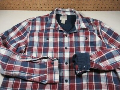 LL Bean mens red white navy fleece lined slightly Organic flannel shacket L