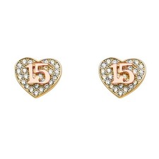 NEW 14K TWO TONE GOLD 15 YEARS HEART EARRINGS WITH PUSH BACK