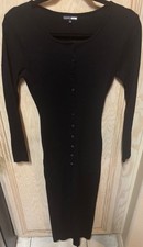 NEW Fashion Nova Women Small Ribbed Maxi Dress Long Sleeve Black Button Up Slit