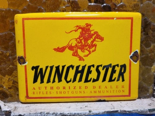 VINTAGE WINCHESTER PORCELAIN SIGN AMMUNITION DEALER GUN FIREARM PISTOL HUNTING