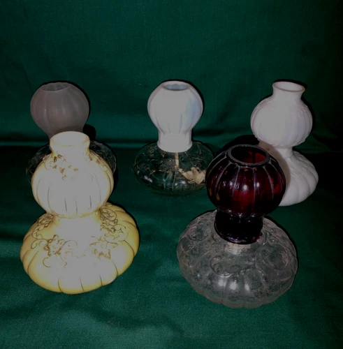 5 Vtg Antique Patent 1895 Clear Glow Night Light Miniature Oil Lamps-Complete