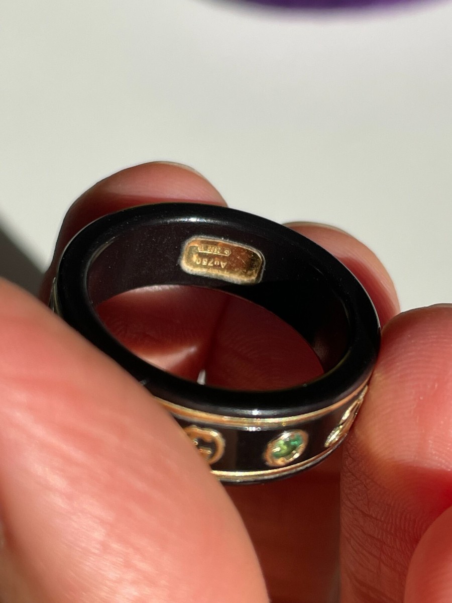18K Gold Gucci Icon Ring with Black Band and Topaz Gemstones 18K Gold Gucci Icon Ring with Black Band and Topaz Gemstones