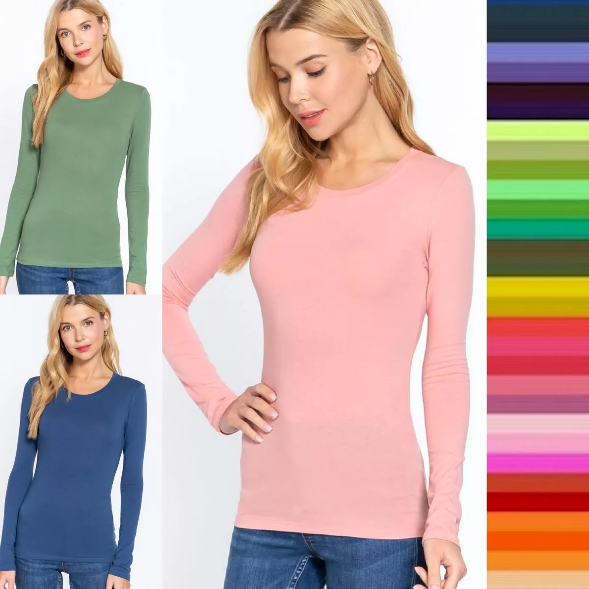 Women's Crew Round Neck Long Sleeve T-Shirt Stretch Soft Cotton Basic Plain  Top