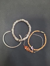 4Bracelet Stack, Mop Inlay Cuff 2 1/4", silvertone Metal Strech, 2 Natural Stone