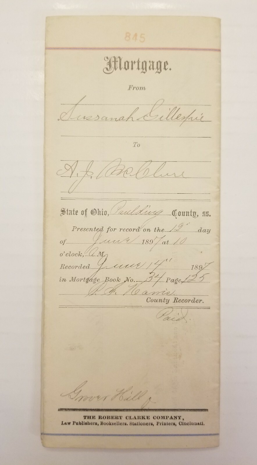 PAULDING COUNTY, OHIO (OBSOLETE) MORTGAGE DEED. "1897". eBay