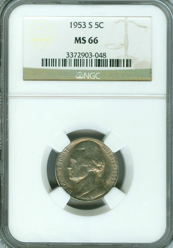 1953 S JEFFERSON NICKEL NGC MS66 PQ 2ND FINEST REGISTRY  *