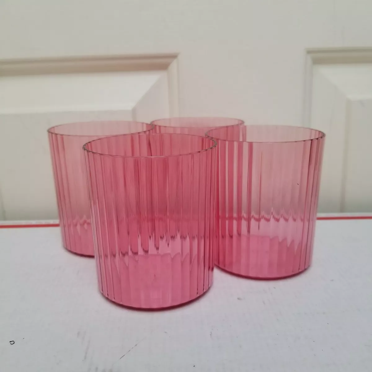 Set of 4 VTG Pink Ribbed Tumbler Glasses Cups Plastic Acrylic Mid