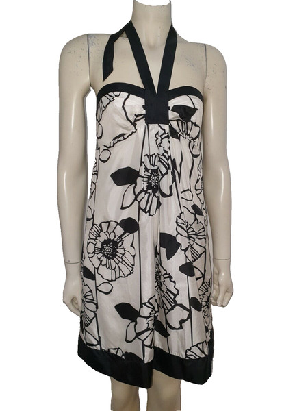 Tokito Black White Pure Silk Baby Doll Empire Waist Halter Mini Dress Size 8