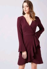 Athena Belted Wrap Dress Burgundy Bell Sleeve V Neck Womens M classic