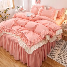 Pink Lace Ruffle Bedding Set Bed Skirt Sheet Bedspread Duvet Cover Pillowcases