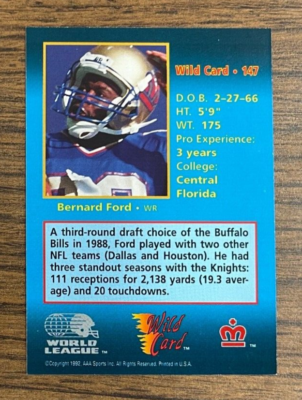 1992 World League Wild Card # 147 Bernard Ford - Central Florida